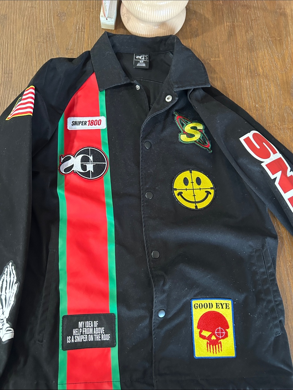 Sniper Gang Men's Black Graphic Patch Coach Jacket with Red & Green Stripe